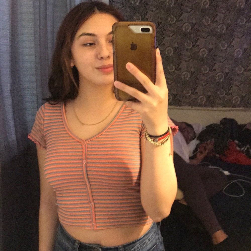 Striped neon V neck top